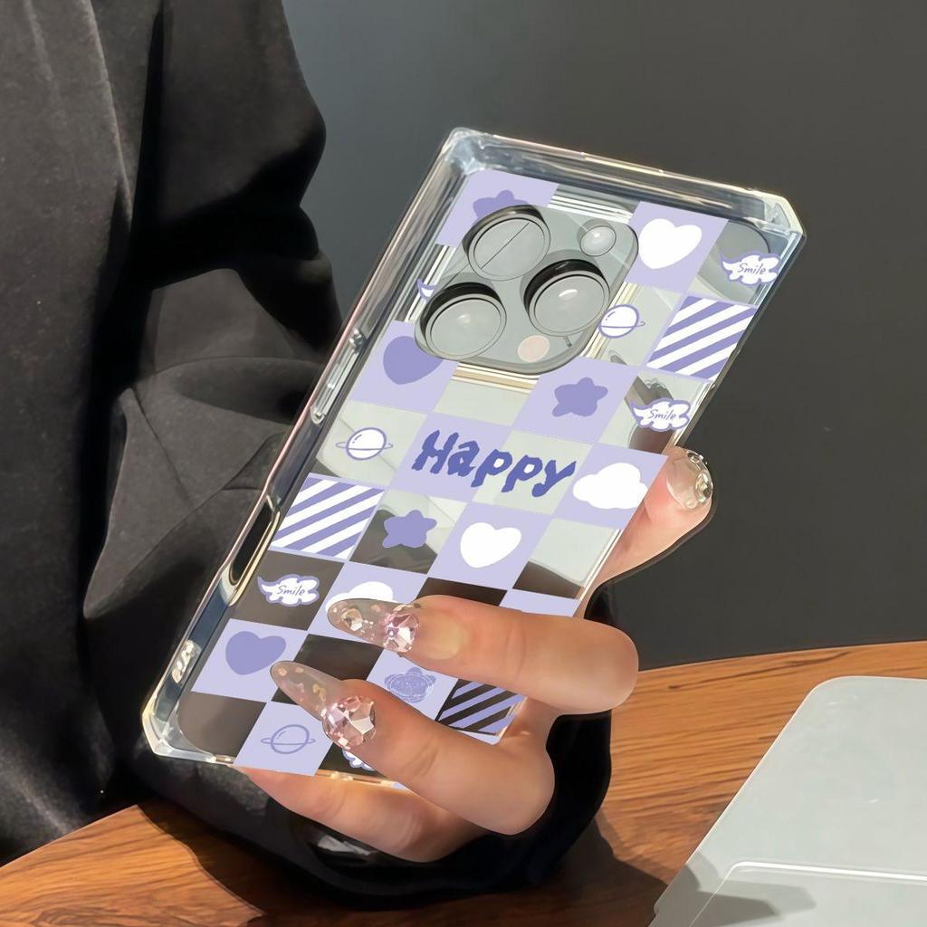 Square Back Tube Protection Clear Case For iPhone 14 Pro Max 12 13 16 ProMax 11 15 Plus Anti-Oxygen,Grid Love Pattern Casing