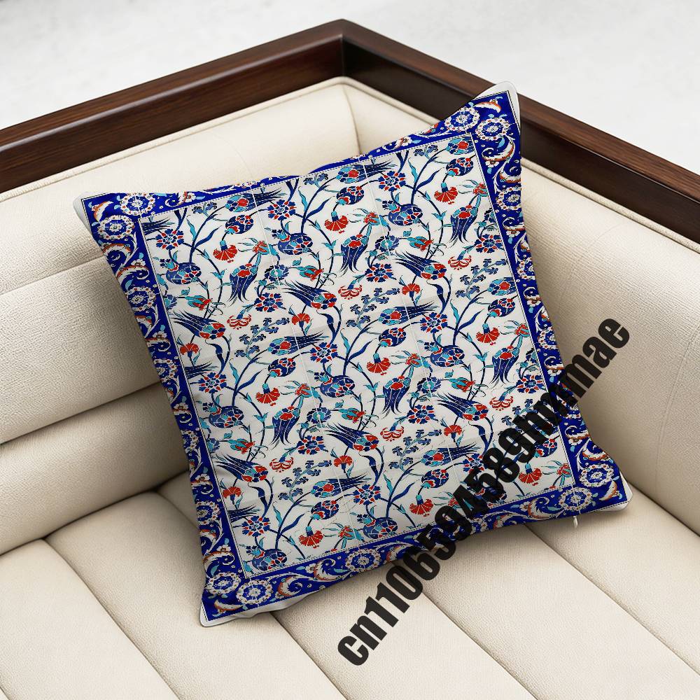 For Turkish Watercolor Painting Iznik Tile Floral Prints Throw Pillow Case Sham 45Cm Square Car Pillowcase Pad Cushion Cover