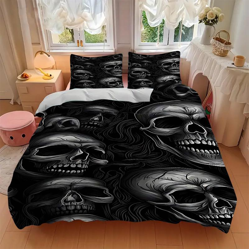 3pcs Skull Patterned Pillowcase Set - Includes One Quilt Cover and Two Pillowcases (No Core) - Home Decor, Festival Gift, Polyester Fabric, Anime Cart