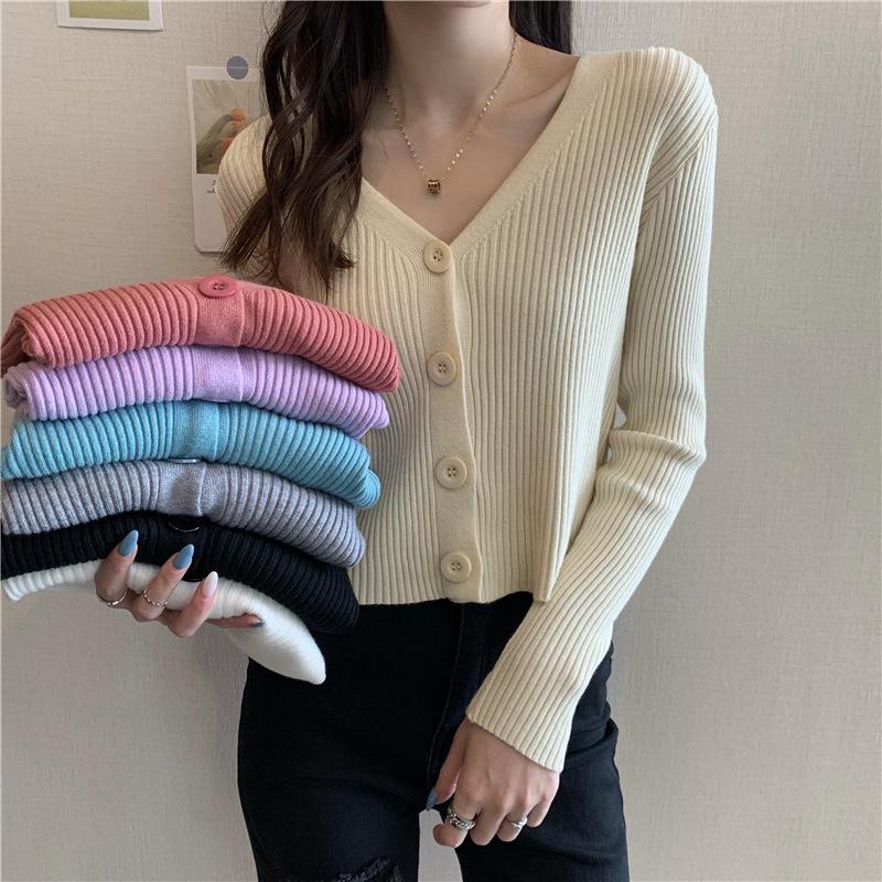 Women Autumn V Neck Long Sleeve Solid Color Cropped Single Breasted Sweater Slim Cardigan Knitwear