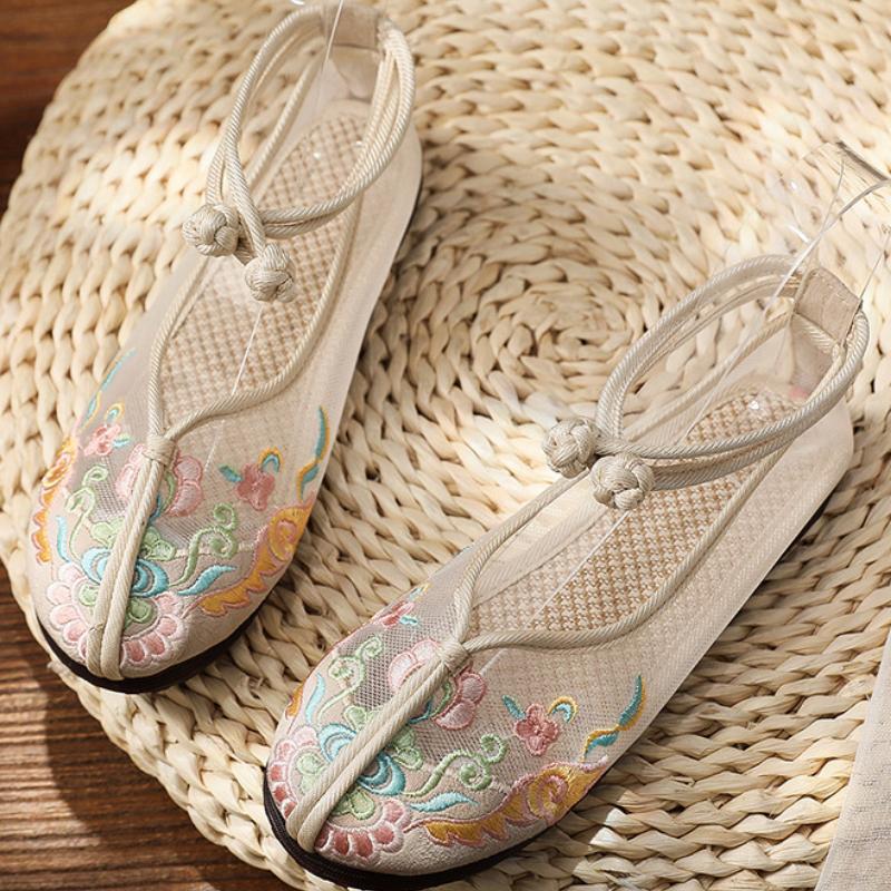 Fashion Round Toe Lace-up Flowers Designer Shoes Summer Mesh Breathable Handmade Embroidered Flats Elegant Comfort Non-slip Flat Sandals