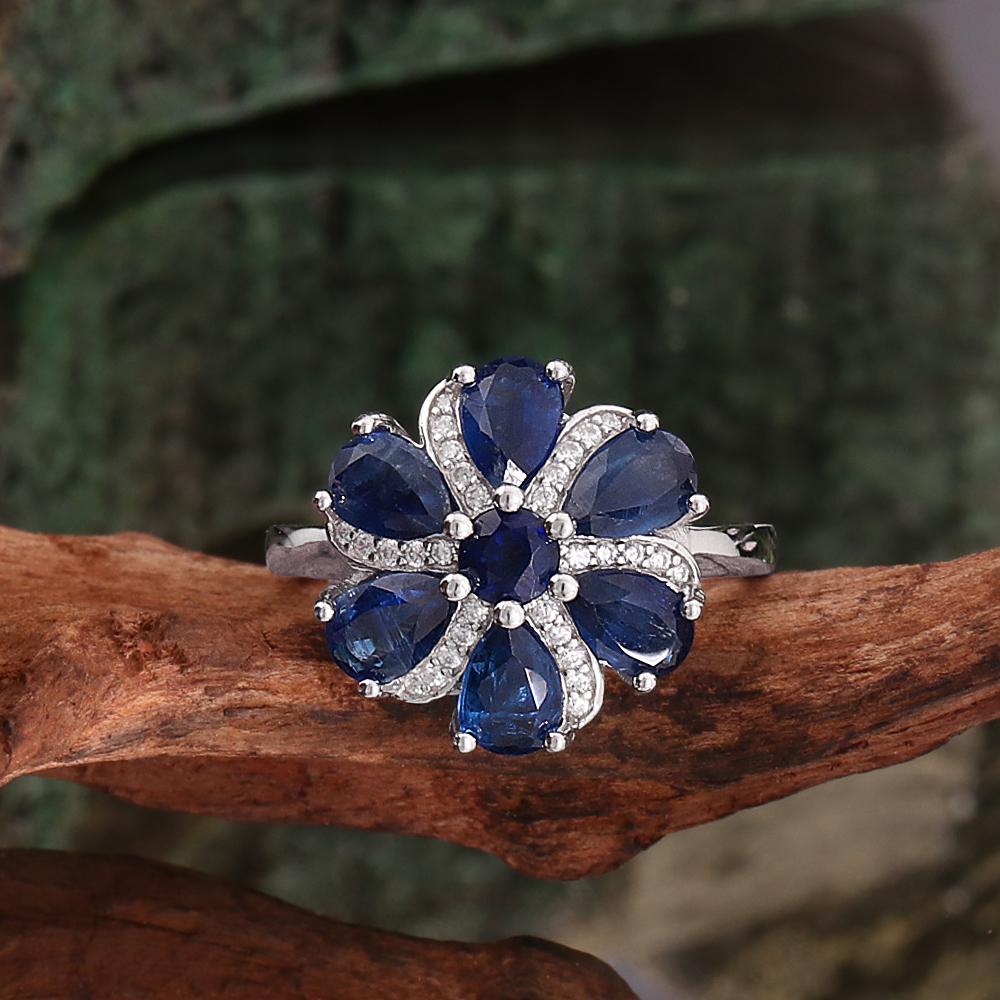 Элегантное кольцо из стерлингового серебра 925 пробы с натуральным кианитом, настоящими драгоценными камнями, дизайн в форме цветка, изысканное ювелирное изделие для женского банкета, подарки