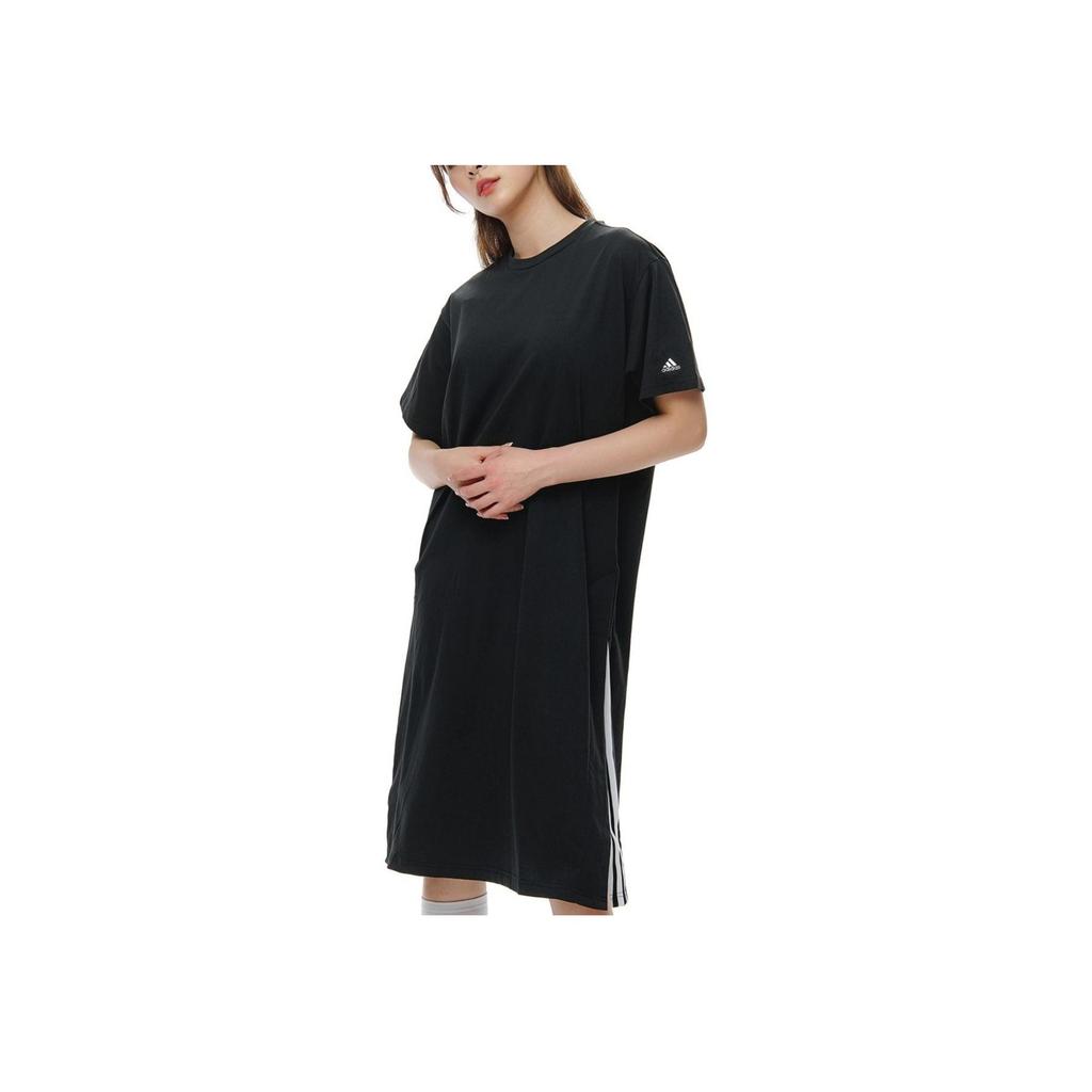 Adidas Письмо Логотип Напечатанный круглый вырез пуловер миди короткий рукав платье женские платья черный GD8445