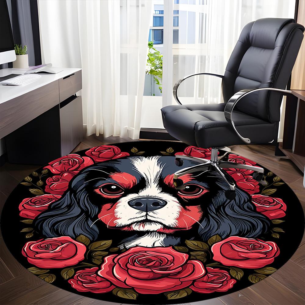 1pc Dog Rose Pattern Chair Carpet for Office, Round Non Slip Durable Large Size Office Carpet, Suitable for Office