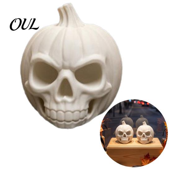 Halloween Skull Pumpkin Decoration 3D Printed Ornament, White Resin Skeleton Statue, Indoor Festive Atmosphere Props Themed Sculpture for Home