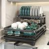 Contemporary Double-Tier Metal Dish Rack Drainer, Kitchen Countertop Organizer with Drainboard
