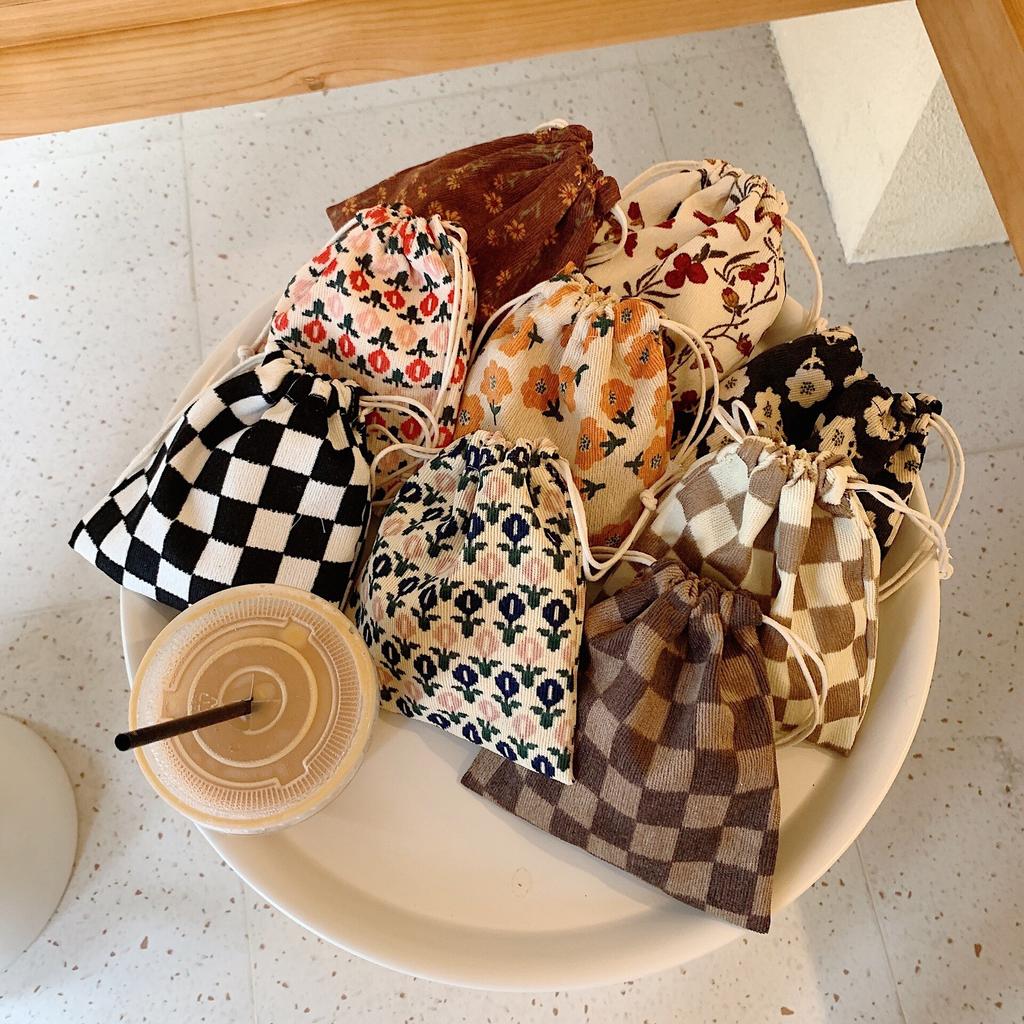 Small Flower Canvas Coin Bags Purse Jewelry Lipstick Candy Drawstring Pouch for Girls Kids Cosmetic Rope Storage Bag Handbags