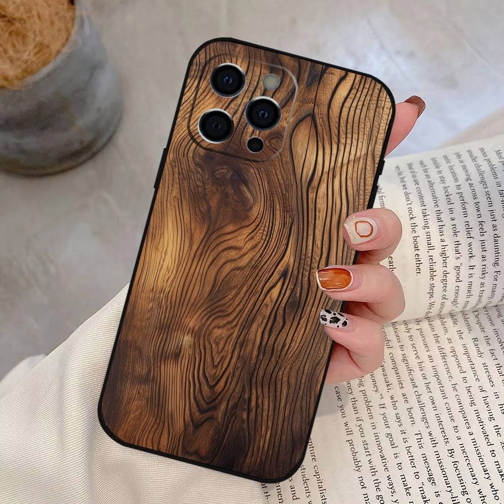 Carved Wood Phone Case Silicone Soft For IPhone 17 16 15 14 13 12 11 X XR Plus Pro Max Plus