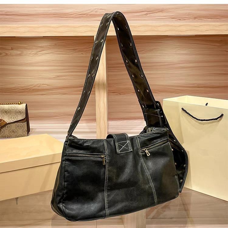 Винтажная кожаная сумка через плечо для женщин, состаренная сумка для мотоциклиста с широким ремнем, большая вместимость