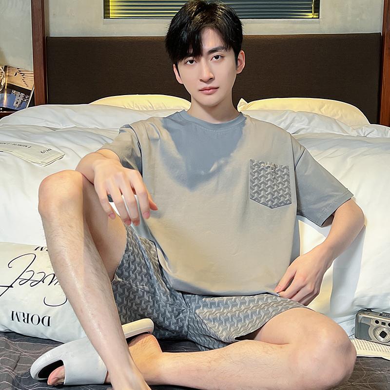 Летняя мужская пижама с коротким рукавом, модальный тонкий толстый повседневный свободный студенческий домашний костюм для молодых мальчиков, пижама Homme
