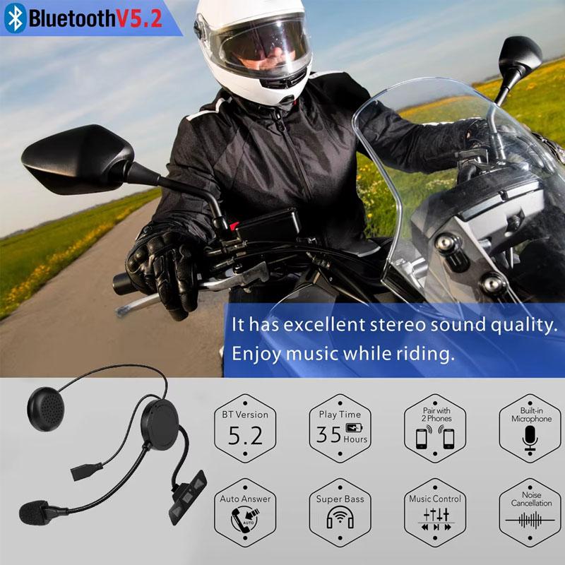 Мотоциклетная гарнитура Bluetooth 5.2 Беспроводные наушники Handsfree Стерео Музыкальный проигрыватель с микрофоном Шумоподавление Наушники для мотоциклиста