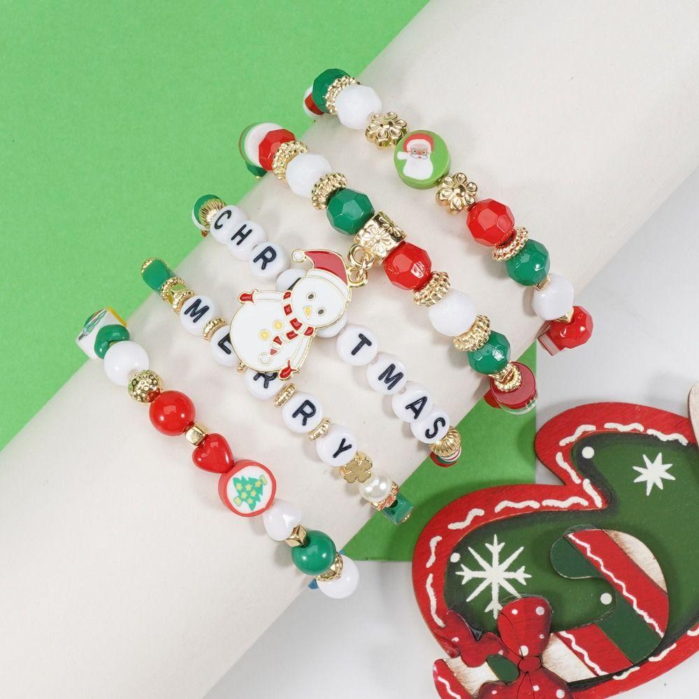 5Pcs Snowman Christmas Bracelet Multi-Layer Stacking Rope Chain Bangle Beaded Bracelet Gifts