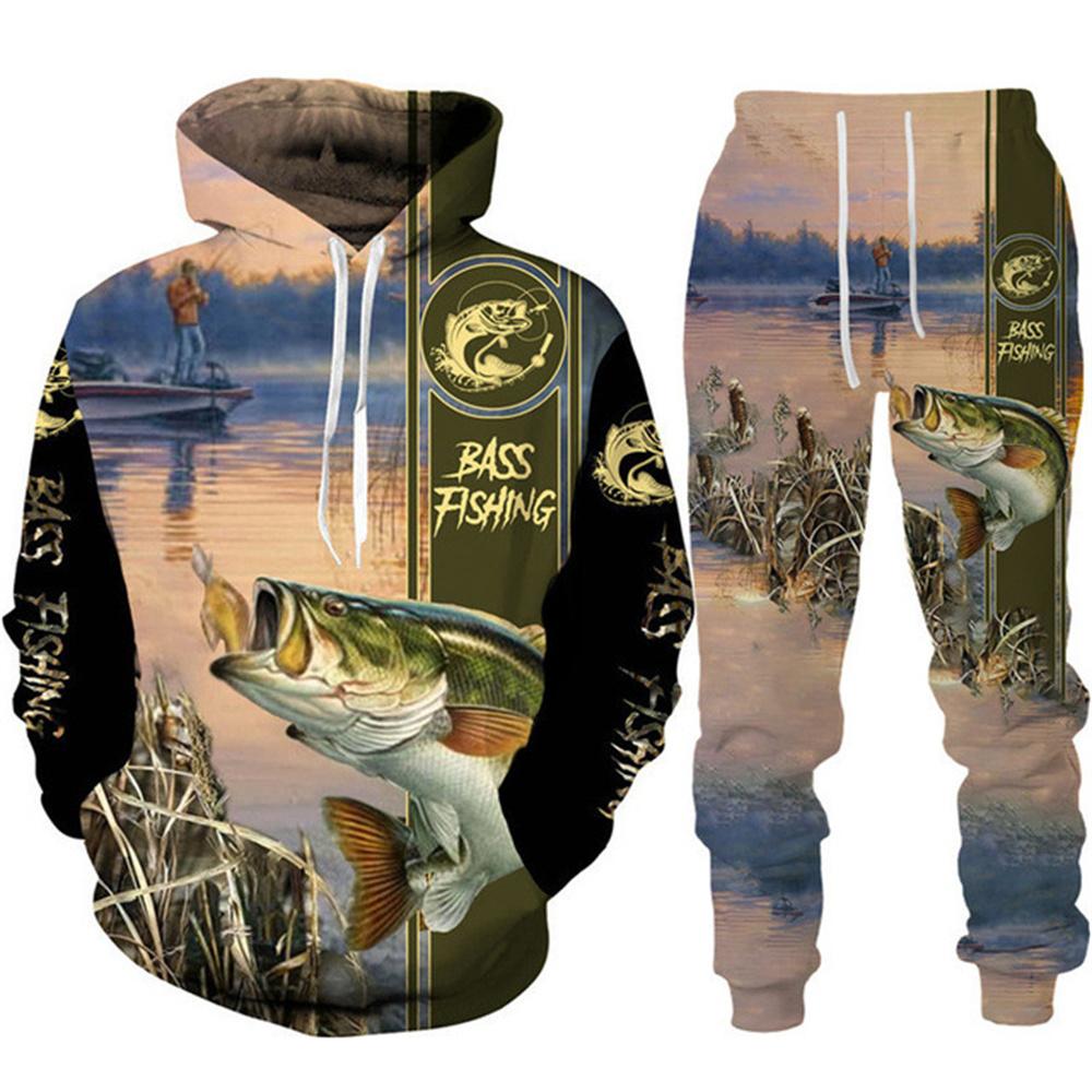 Mens Animal Bass Carp Fishing 3D Print Fashion Fisher Tracksuit Unisex Hoodie Jogging Pants 2Pcs Set Outdoor Clothing Size S-6XL