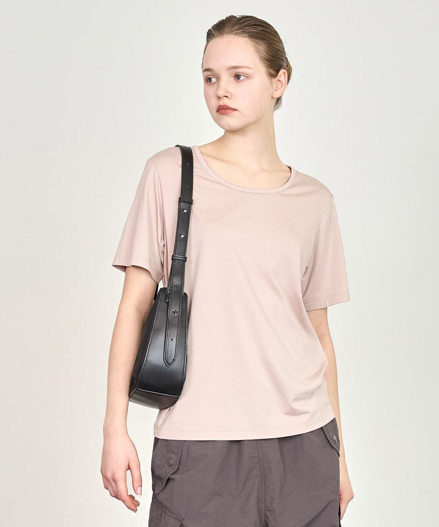 BASIC HOUSE Women'S U-Neck Oversized Stretch Short Sleeve T-Shirt Dark Beige Lats0210