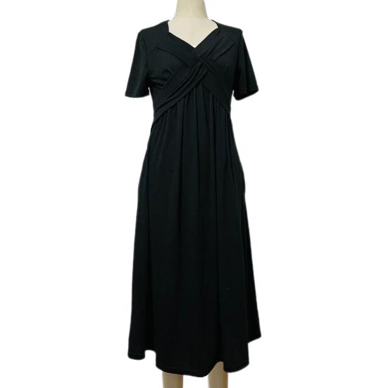 Женское летнее платье с плиссированным ремешком и V-образным вырезом с короткими рукавами, однотонное платье с карманами трапециевидной формы со свободным подолом, дышащее мягкое платье миди для свиданий