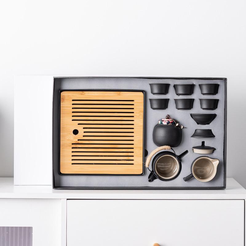 Высококлассный набор для чая Кунг-фу из черной керамики, простой керамический поднос для чая для домашней гостиной, современный большой набор в подарочной коробке класса люкс