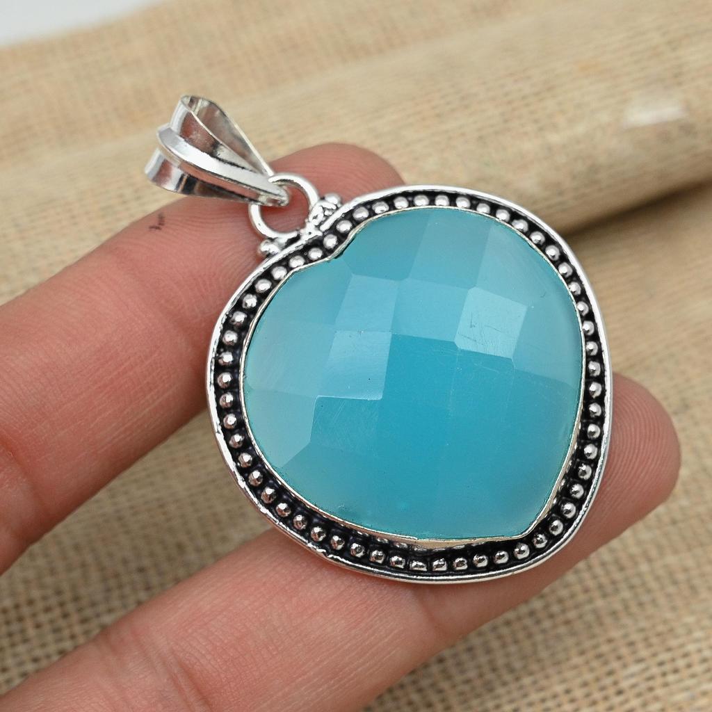 Ограненный синий халцедон 925 Твердый серебряный ювелирный дизайнерский кулон ручной работы для подарка