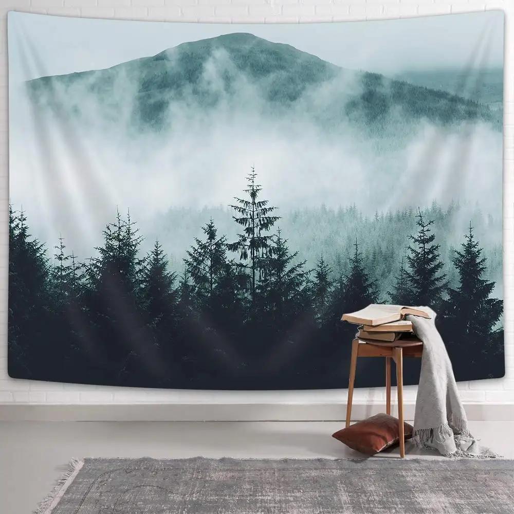 VIKAMA Misty Forest Tapestry Gradient Blue Pine Forest Nordic Minimalist Style Living Room Room Decoration