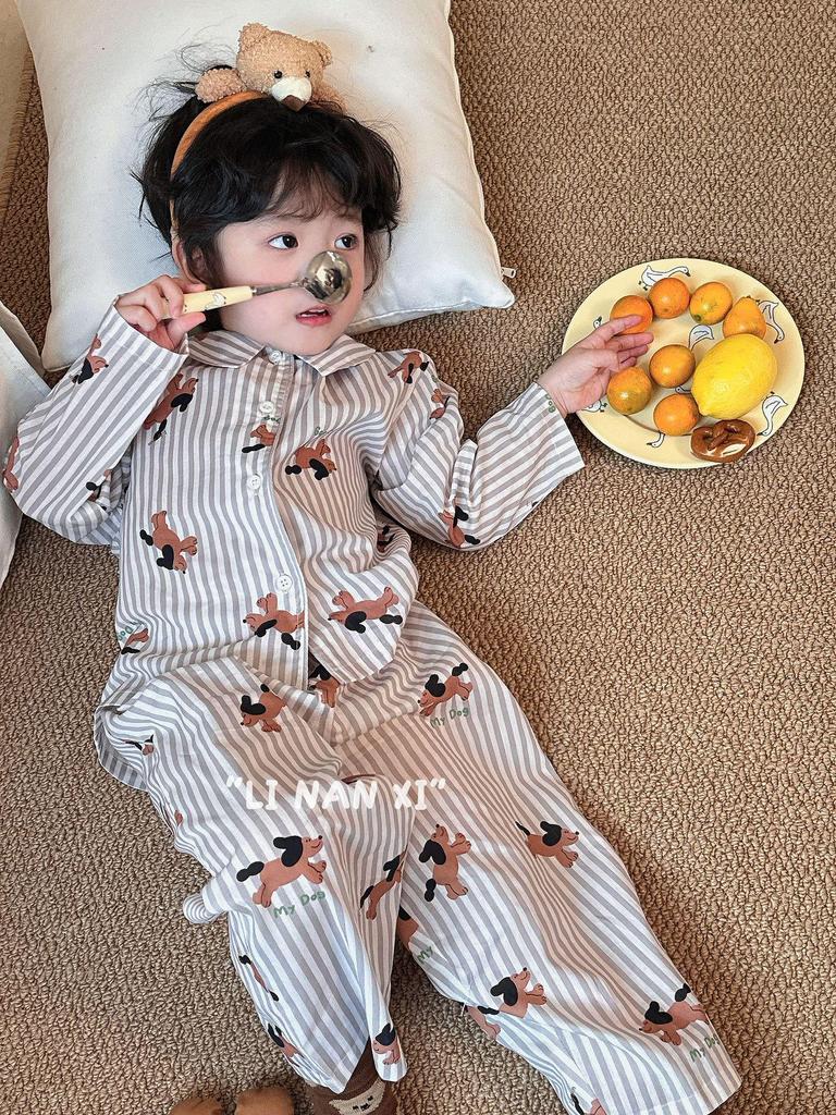 Весна 2025 Милый мультяшный пижамный комплект для детей – Отложной воротник, Детский дизайн, Брюки в комплекте