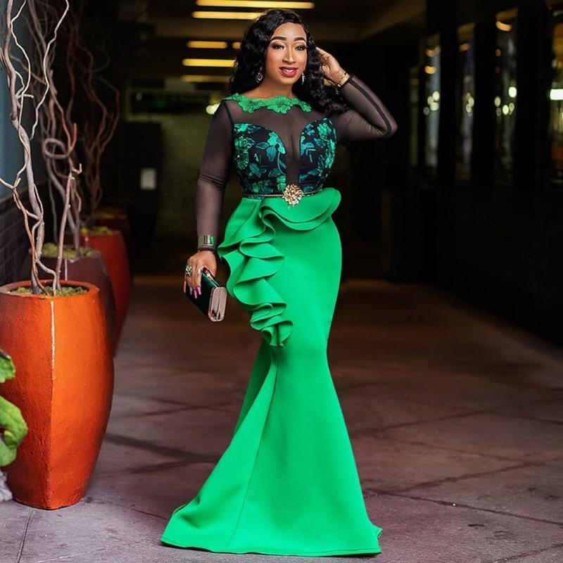 Elegant Plus Size Lace Trim Mesh Sheer Ruffle Maxi Dress Women 2025 Office Chic Long Sleeve Round Neck