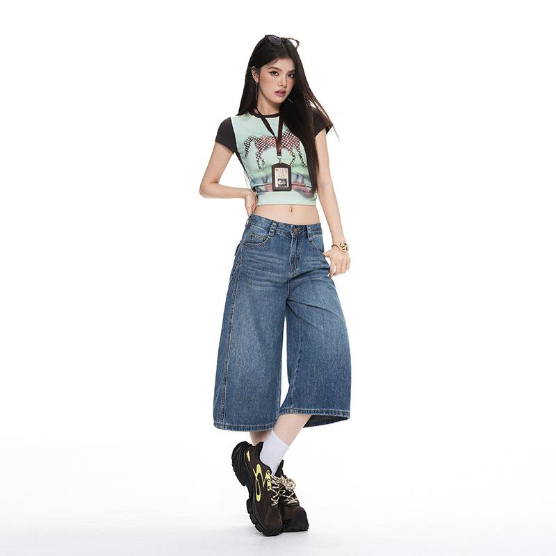 American retro scimitar cropped pants women's summer new loose and thin washed straight wide-leg medium pants