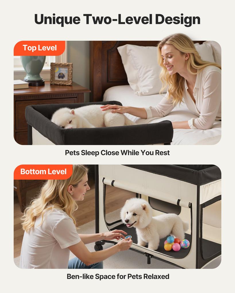 VEVOR Elevated Lounge Pet Bed, Foldable Bunk Dog Bed with 600D Oxford Cloth and Dutch Velvet, Portable Raised Cot with Wheels, Side Storage Bags