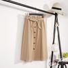 Spring Autumn Women Midi Knee Length Button High Waist Pleated School Skirt