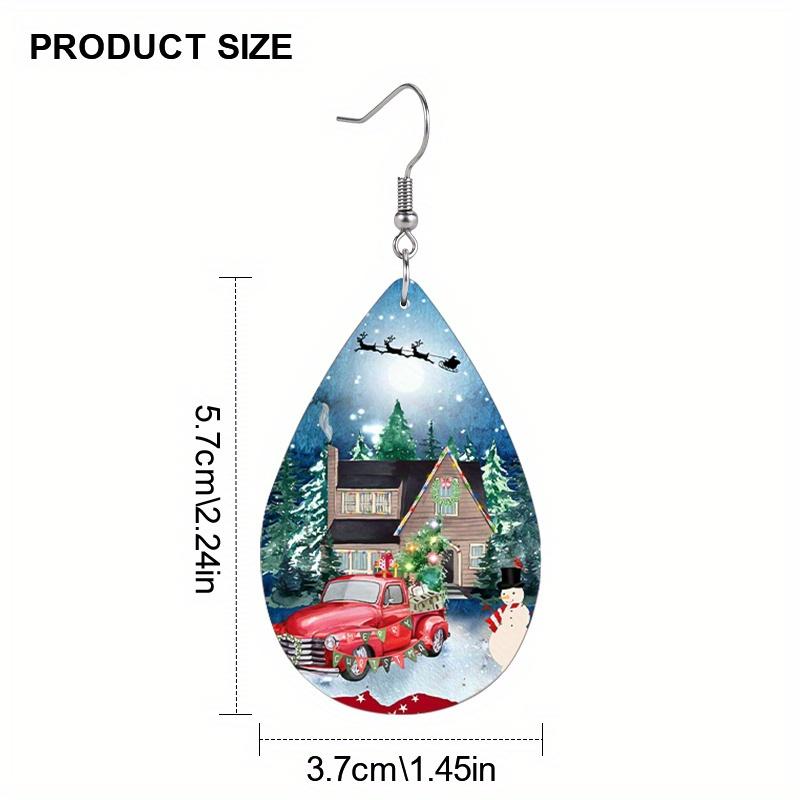 Red Car House Snowflake Print Waterdrop PU Earrings for Women Girls Bearded Dwarf Cartoon Party Decorations Ornaments Christmas Gifts