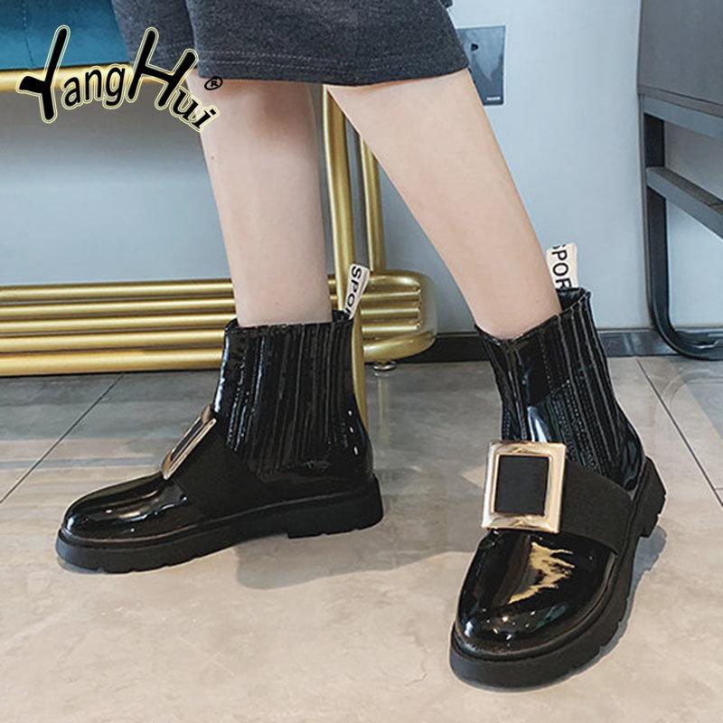 Chelsea Ankle Boots 2024 New Fashion Diamond Accessories British Style Artificial Leather Waterproof Platform Women's Shoes