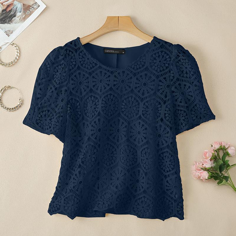 ZANZEA Женская повседневная кружевная блузка в стиле пэчворк с коротким рукавом на лето