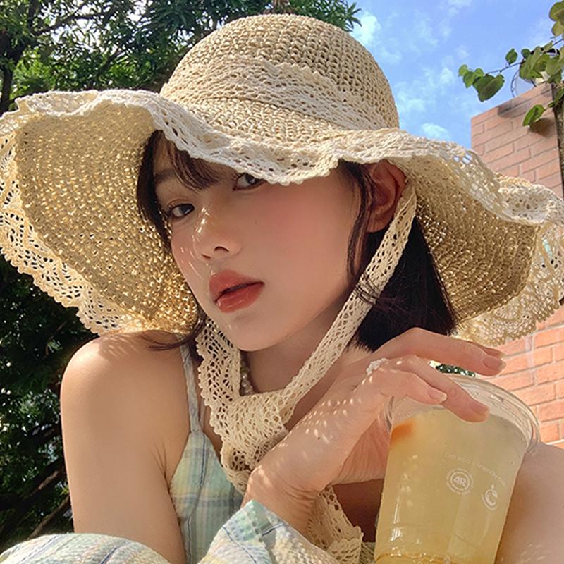 Кружевная кружевная соломенная шляпа для женщин, летняя пляжная выходная дышащая солнцезащитная шляпа с большими полями
