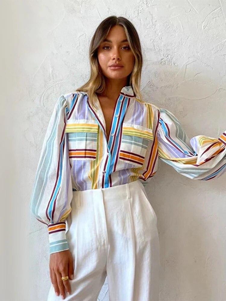 Полосатая рубашка с рукавами-фонариками, женская праздничная мода, однобортный топ, свободные рубашки, женская летняя пляжная футболка с карманами, новинка 2023 г.