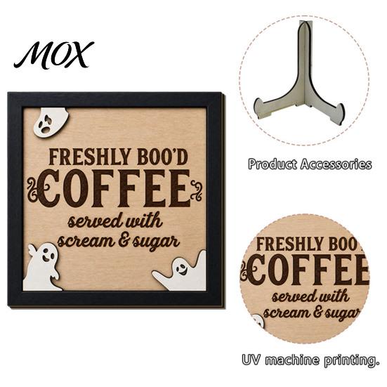 Solid Wood Festive Plaque Halloween Wooden Coffee Photo Frame, Retro Distressed Sign for Decorative Holder Countertop Decor, Rustic Autumn Holiday