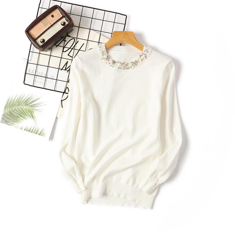 Korean Style Beaded Pullover Sweater for Women - Autumn/Winter Round Neck, Long Sleeve, Loose Fit, Slimming Knitwear, Elegant Base Layer Top