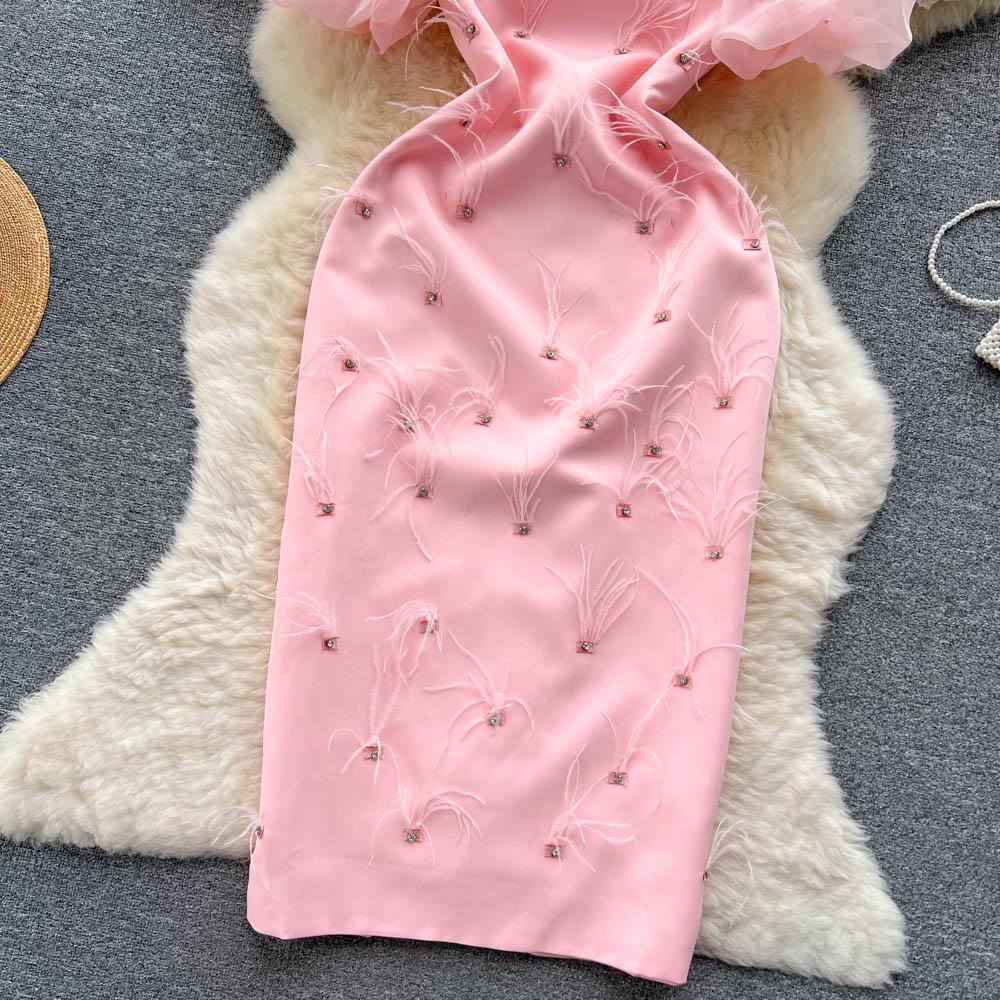 Women High Quality Beading Party Dress Summer Puff Short Sleeve Feather Design Slim Sundress French Vintage Split Midi Pencil Dress