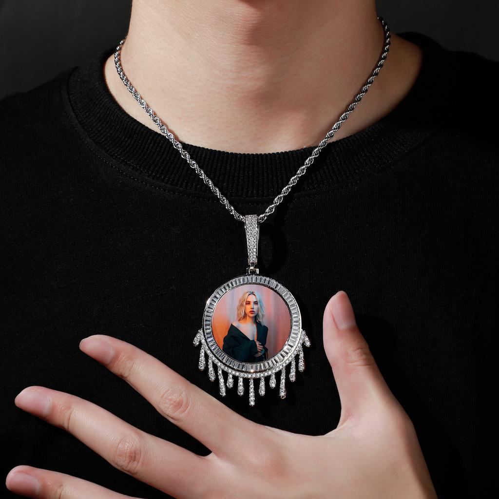 Top Icy DIY Customized Water Drop Style Iced Out Cubic Zircon Silver Gold Jewelry Circle Photo Necklace Private Photo Pendant
