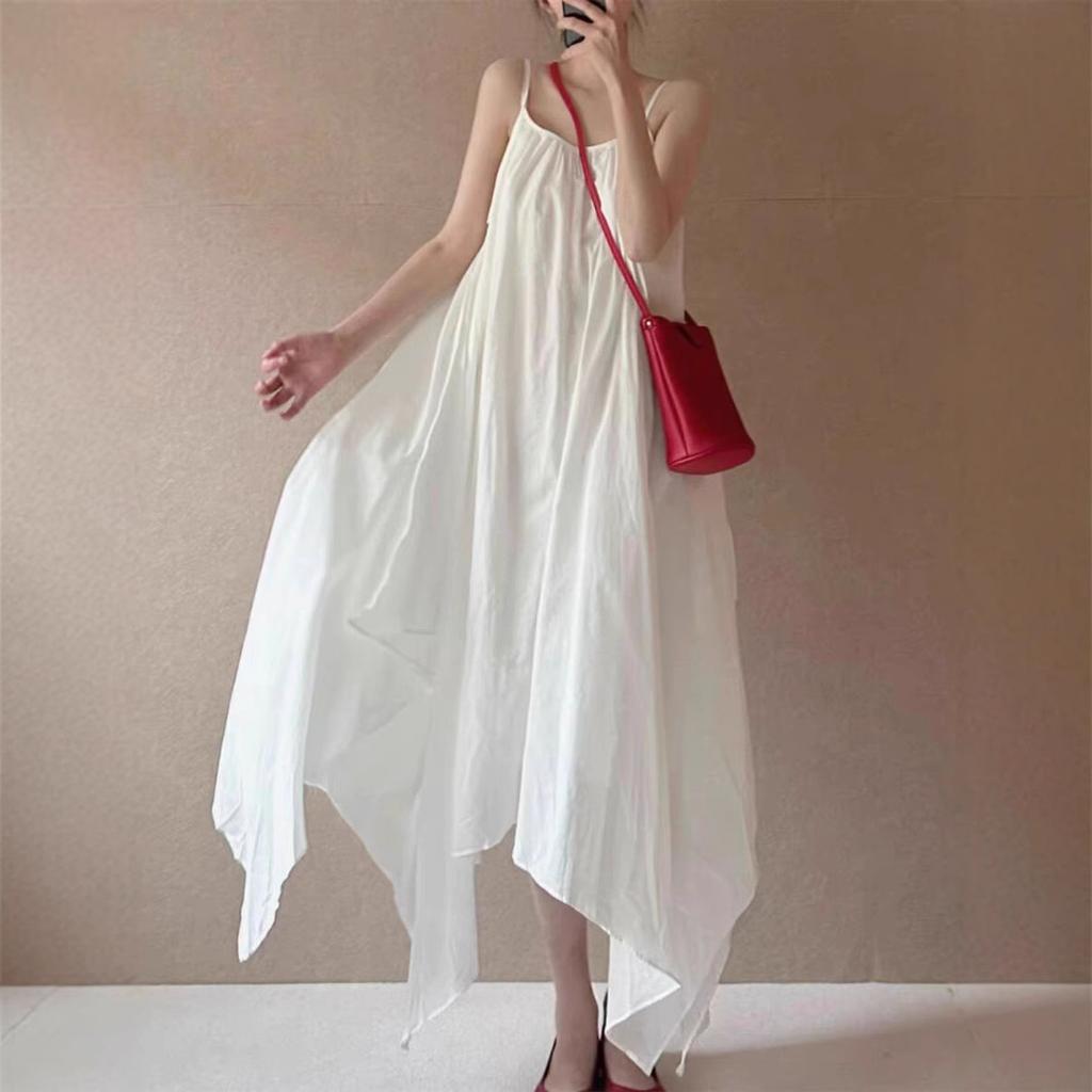 2025 Summer New Minimalist Irregular Hem Suspender Long Dress Women's Loose and Beautiful Solid Color Sleeveless Travel Photography Dress