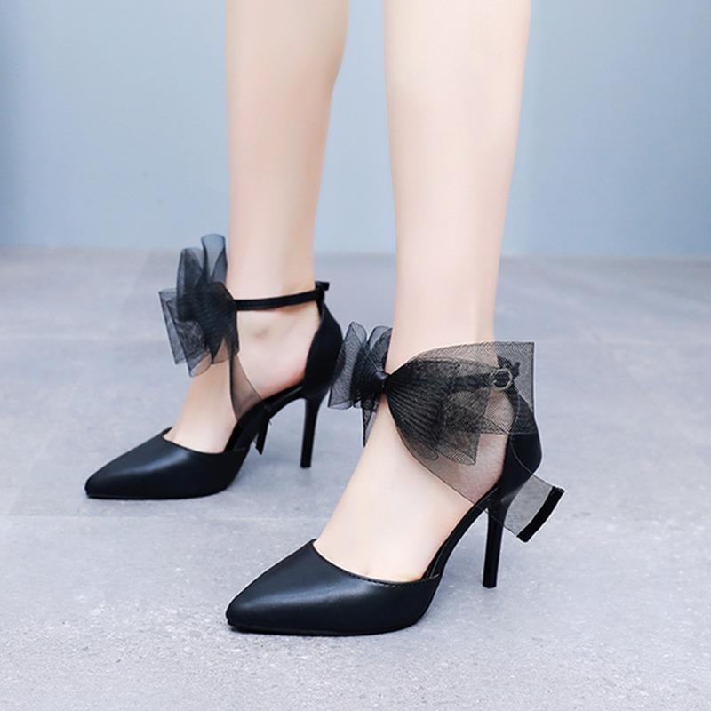9cm Lace Bow High Heels New Sexy Line with Pointed Thin Head Pumps Girl Baotou Sandals Women