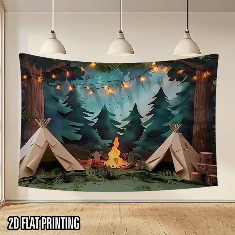 Adventure Camp Forest Backdrop Tent Campfire Scene Background for Party & Live Decoration