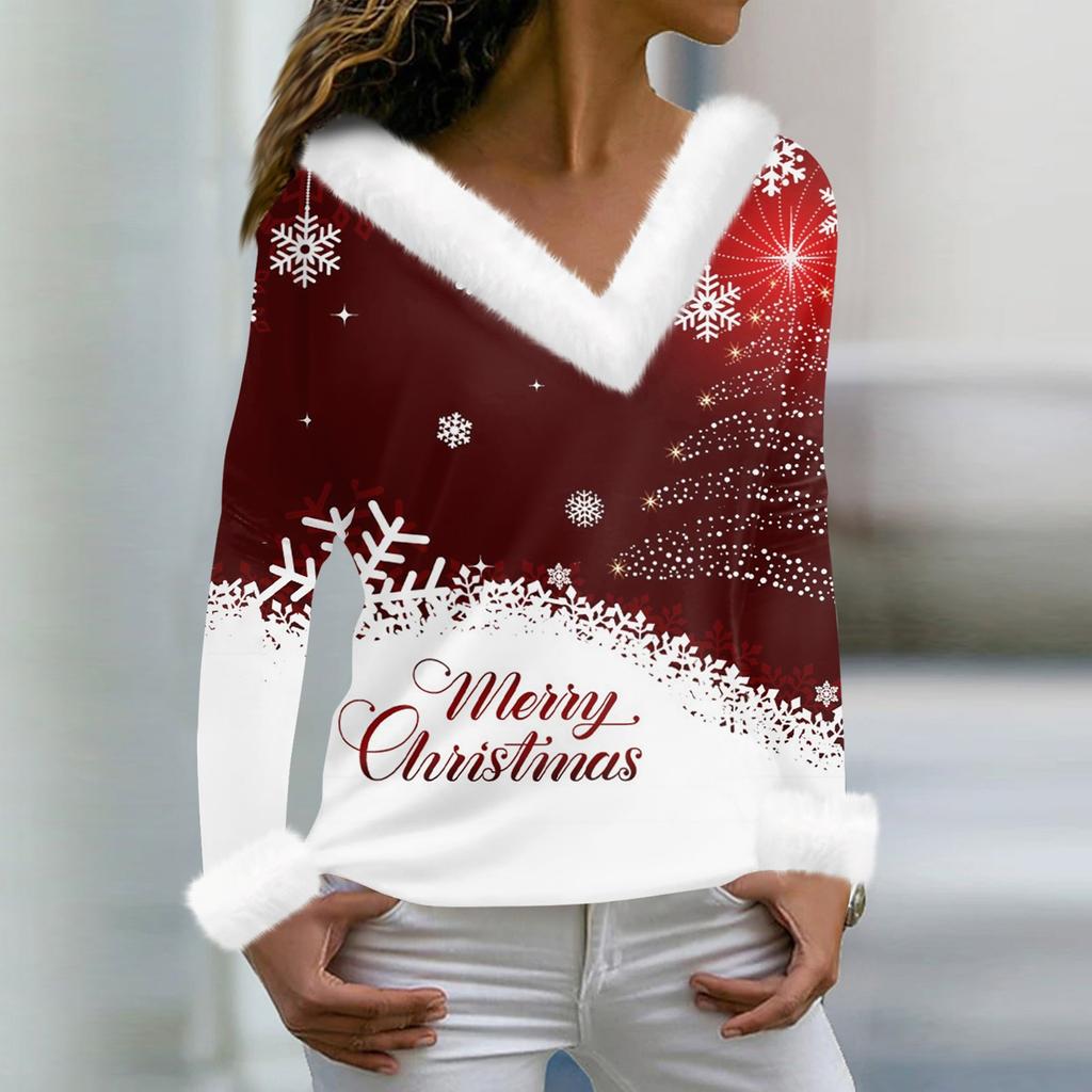 Women's Fashion Casual Long Sleeve V-Neck Christmas Printed Plush Top