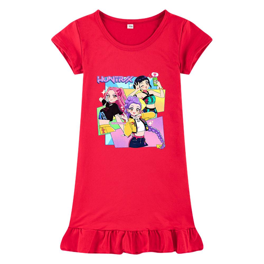 M1232 Kids Girls Kpop Rumi Zoey Mira Print Short Sleeves Ruffle Dress