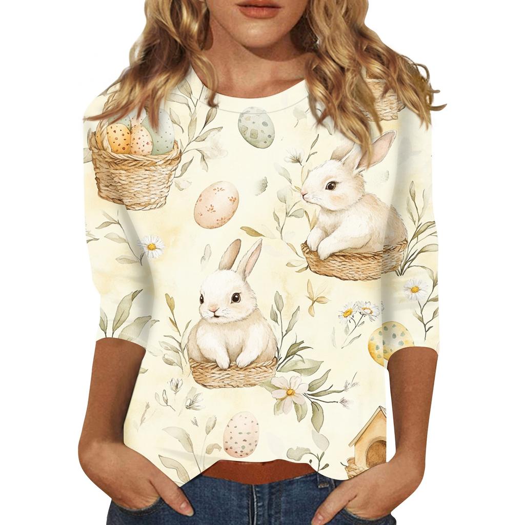 Women's Fashion Loose Casual Seven Sleeve Printed Round Neck Top