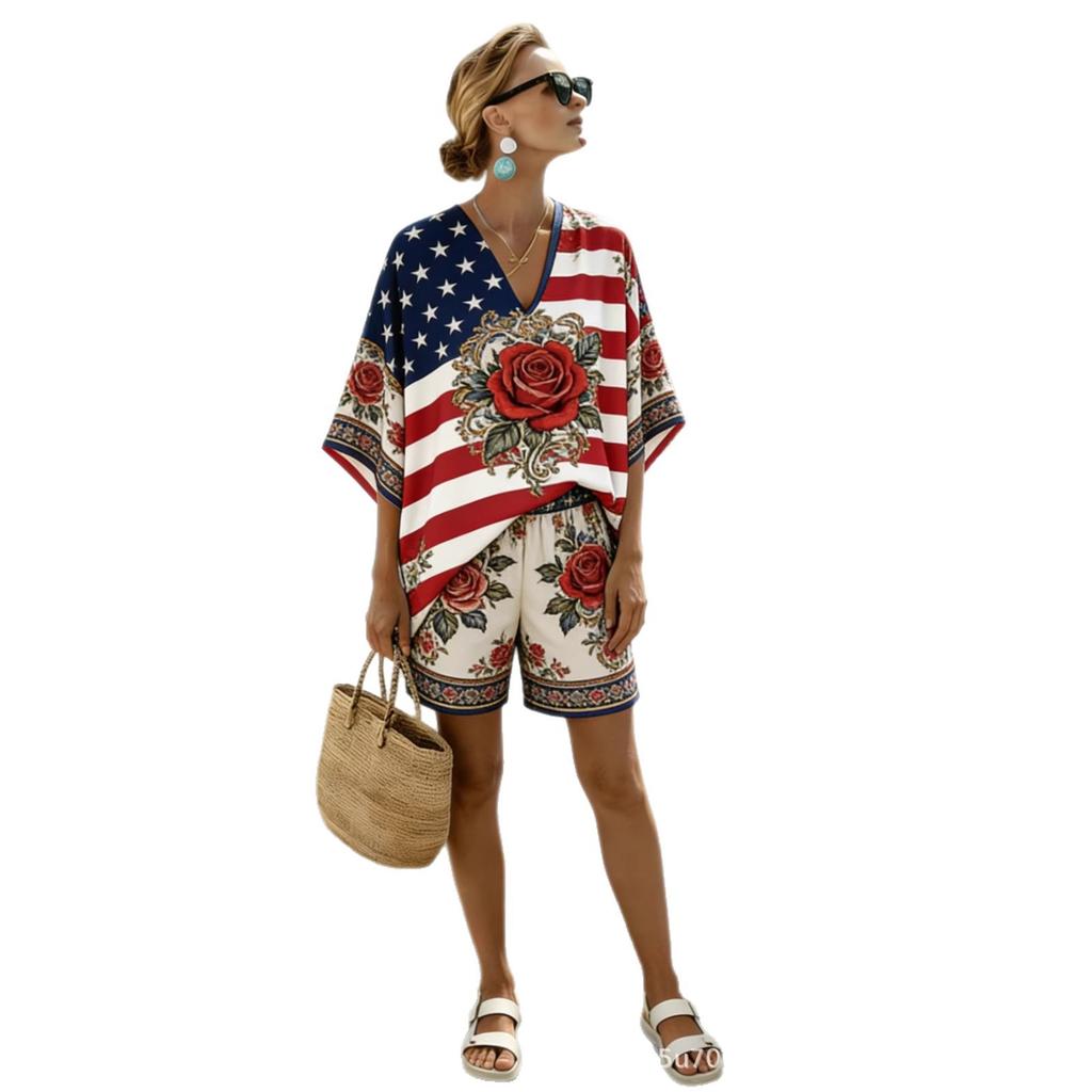 National flag gradual change print short-sleeved shorts set women, independence day loose V-neck vacation casual two-piece set