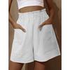 Women's Casual Solid Color Pocket Cotton Linen Shorts Summer Fashion Elastic High Waist Loose Wide Legs Shorts Plus Size
