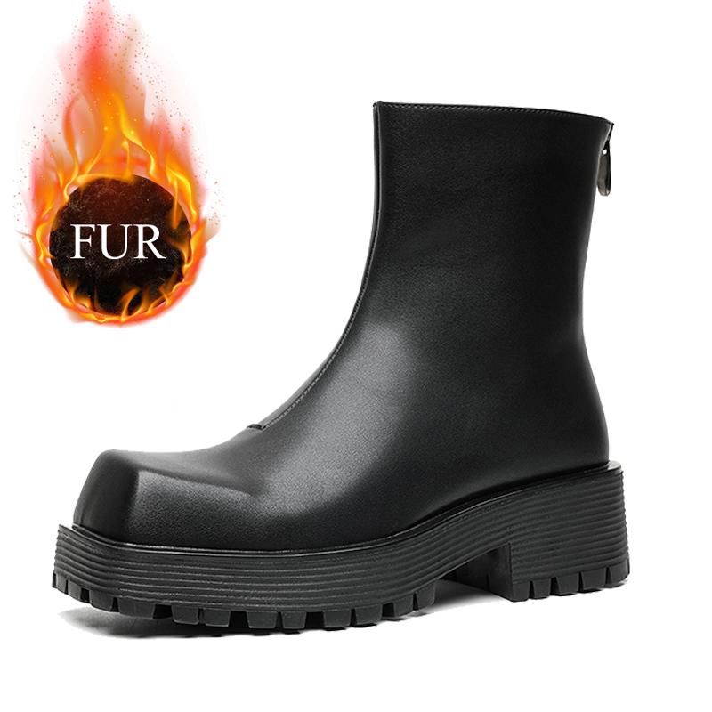 Мужские деловые ботинки «Челси» с квадратным носком на толстой подошве, на молнии, высокие кожаные ботинки, зимние пушистые мужские джинсовые ботинки
