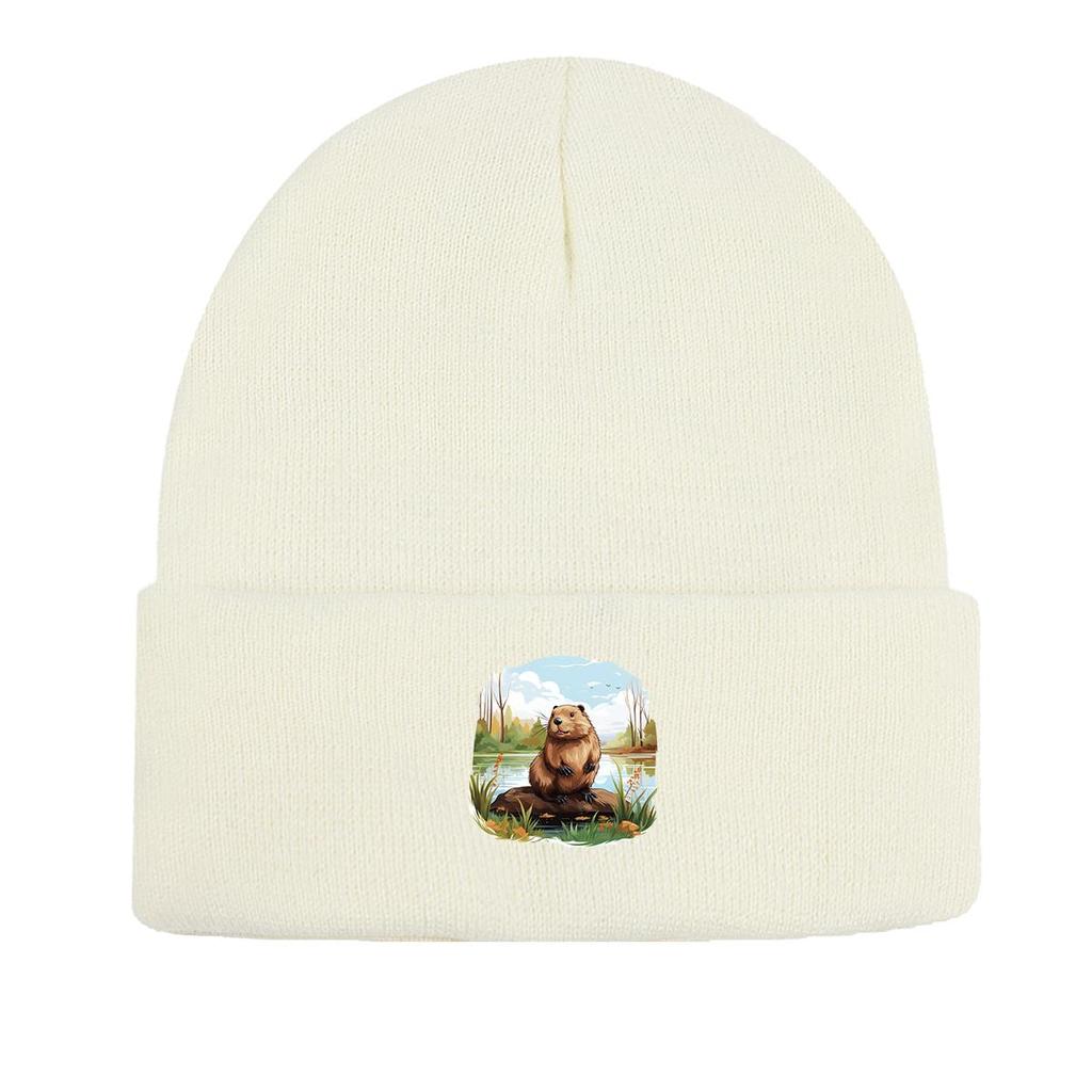 Hamster River Warm Knitted Hat Beanie, Animal Woman Cap Cozy Stretchy Leisure Gorro Knitted Cap Beanie