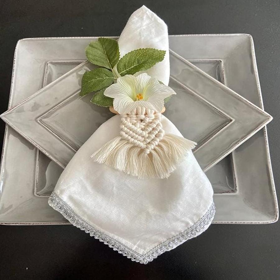 Boho Napkin Rings with Wooden Ring, Handmade Woven Fringe Napkin Holders for Rustic Wedding, Party & Farmhouse Table Decor
