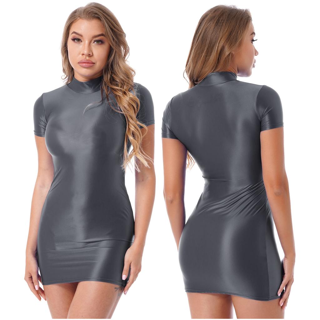 Glossy Bodycon Dress Clubwear Womens Sexy Short Sleeve Mock Neck Oil Shiny Mini Dresses Rave Pole Dancing Stage Clothes