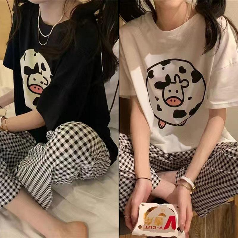 2pcs/Set Pajamas Summer Set of Students Short-Sleeved Long Pants Cartoon Cow Ladies Homewear Breathable Easy To Clean Black