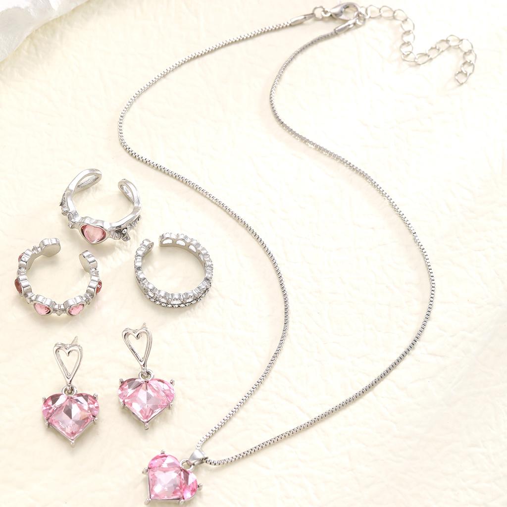 New Pink Crystal Heart Jewelry Set for Women Simple Y2K Zircon Love Elegant Pendant Necklaces Ring Drop Earring Girls Gifts 2026
